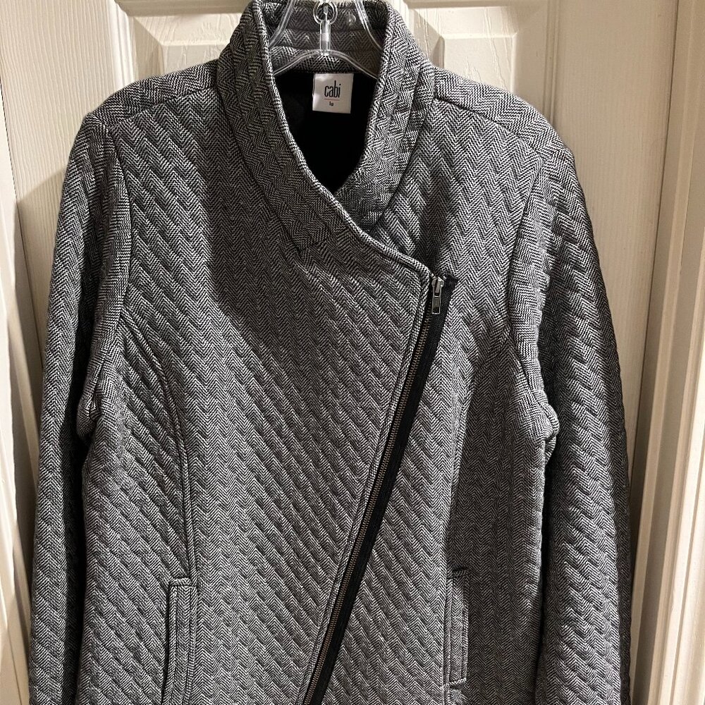 Cabi Asymetrical Zip Quilted Jacket, Black & Gray Herringbone, Size L